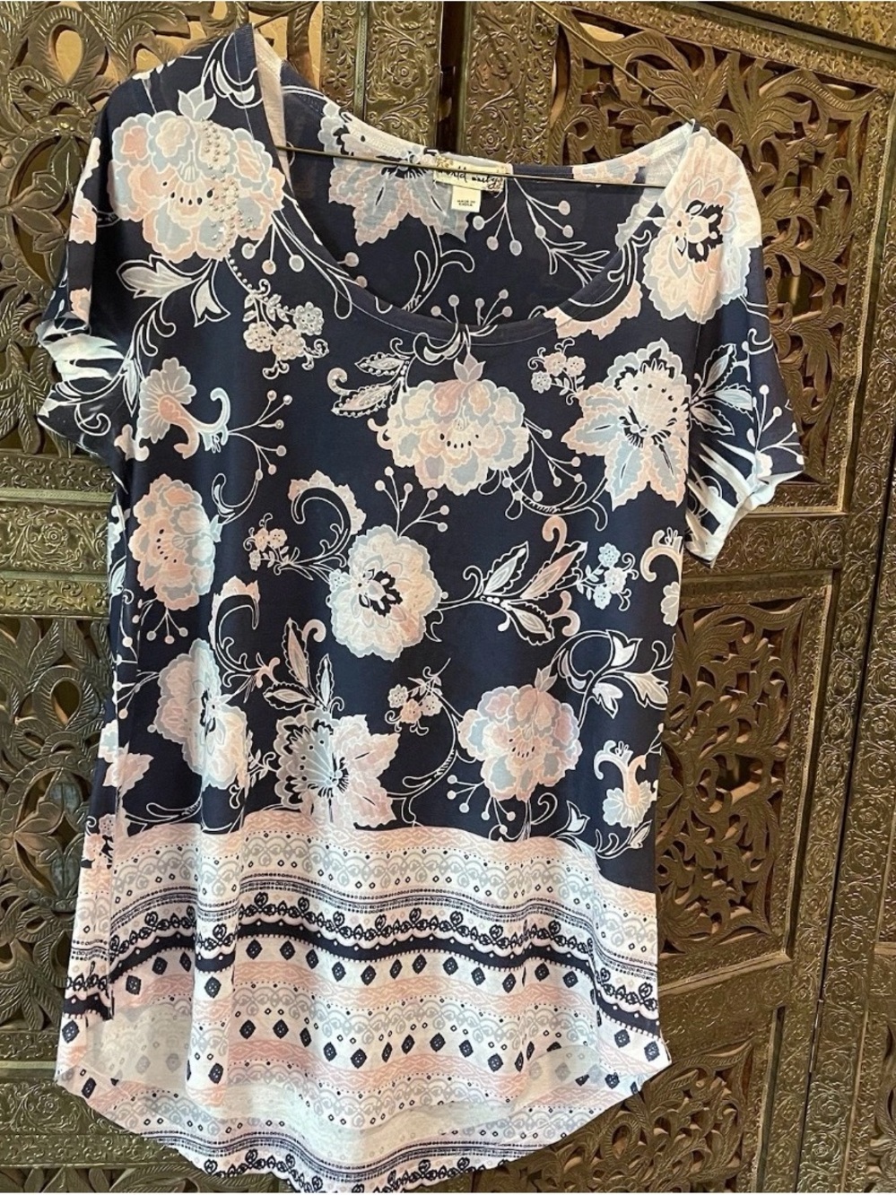 Sz Large Blue Multicolored Boho Print Top Rhinestones  Short Sleeves World Unity